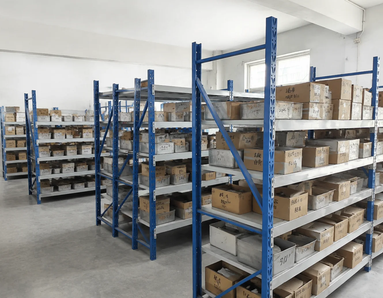 Shelving with component boxes and metal bins at the SHENGGUANG factory