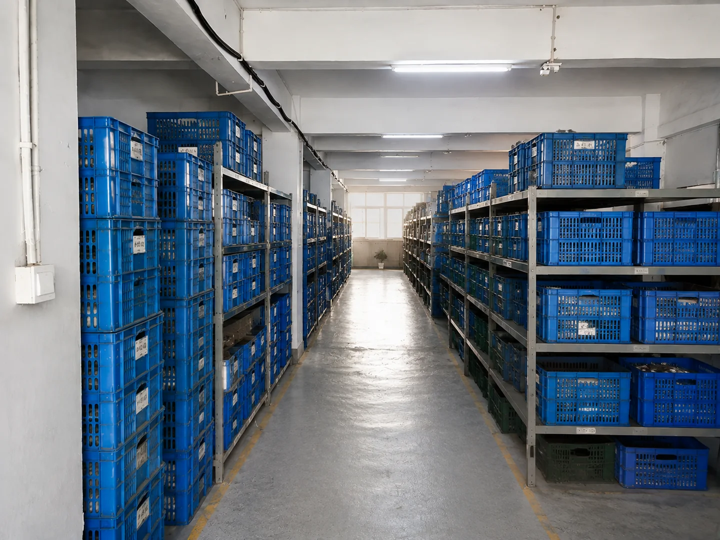 Warehouse aisle with blue parts bins at the SHENGGUANG factory